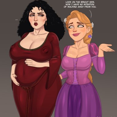 disney, tangled, mother gothel, rapunzel, rocner, ..., 1futa, 1girls, adoptive daughter, adoptive mother, after sex, big belly, big breasts, black hair, blonde hair