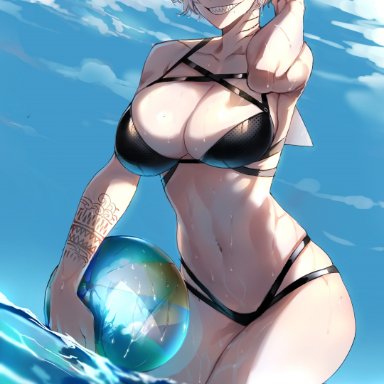 ratatatat74, beach ball, big breasts, black bikini, golden eyes, muscular, muscular female, ocean, shark, shark fin, shark girl, sharp teeth, short hair, smile, smiling