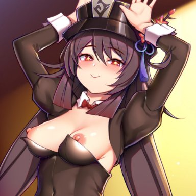 genshin impact, hu tao (genshin impact), ikkimay, :), areolae, blush, breasts, brown hair, bunnysuit, collar, cuffs, exposed breasts, half-closed eyes, hands, hands up