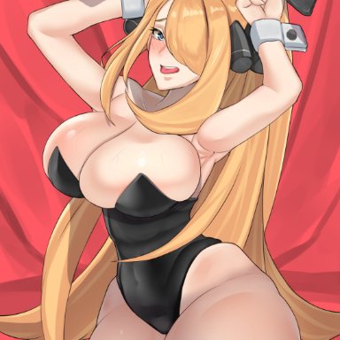 game freak, nintendo, pokemon, pokemon (game), pokemon dppt, cynthia (pokemon), shirosuke115, 1girls, big breasts, blonde hair, breasts, bunny ears, bunnysuit, eye contact, female