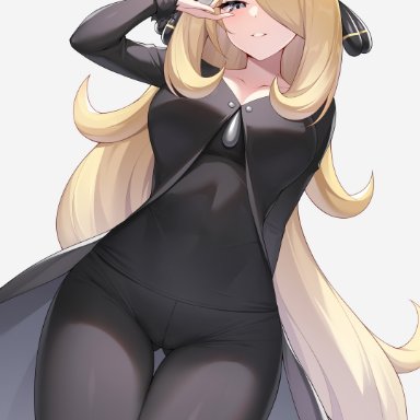 nintendo, pokemon, cynthia (pokemon), zhi jiyang, 1girls, black pants, blonde hair, breasts, coat, grey eyes, hair ornament, holding, holding poke ball, huge breasts, long hair