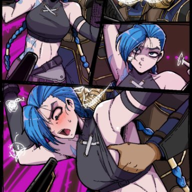 arcane, league of legends, riot games, arcane jinx, jinx (league of legends), powder (arcane), mark gavatino, 1girls, 3boys, blue hair, blush, braided hair, breast grab, breasts, female