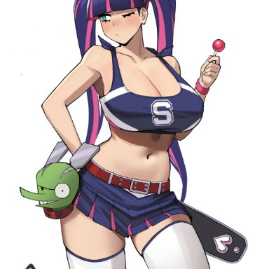 stocking anarchy, donburikazoku, 1girls, blush, breasts, cheerleader, cheerleader uniform, female, green eyes, hips, huge breasts, light-skinned female, light skin, long hair, midriff