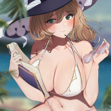 genshin impact, lisa (genshin impact), oji fuguri, 1girls, bare feet, bare legs, barefoot, beach, bikini, blush, book, breasts, brown hair, eyewear removed, feet