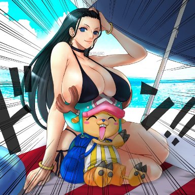 one piece, shounen jump, nico robin, tony tony chopper, !!, 1boy, 1girls, beach, big breasts, bigger female, bikini, bikini bottom, bikini top, black hair, blue eyes