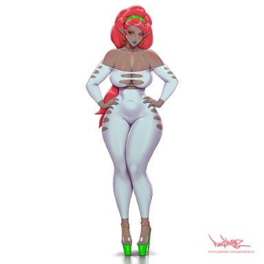 breath of the wild, nintendo, the legend of zelda, gerudo, urbosa, pinkdrawz, 1girls, blue lipstick, dark-skinned female, dark skin, feet, female, green eyes, hands on hips, high heels