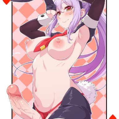 original, kujya, 1futa, animal ears, armpits, arms up, big breasts, big penis, black gloves, blush, breasts, brown sleeves, bunny ears, bunny girl, card