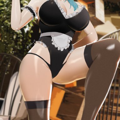 genshin impact, eula (genshin impact), nvl, 1girls, angry, asymmetrical hair, blue hair, blush, breasts, embarrassed, female, female only, gold eyes, hand on hip, heels