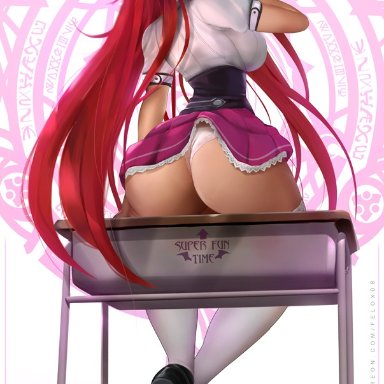 high school dxd, rias gr&#1077;mory, felox08, ass, blue eyes, bubble butt, desk, lollipop, long hair, looking at viewer, looking back, miniskirt, panties, red hair, upskirt