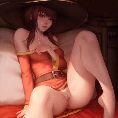 megumin, luminyu, 1girls, after sex, bangs, bare legs, bare shoulders, barefoot, bed, bedroom, bedroom setting, big hat, bottomless, bottomless female, breasts