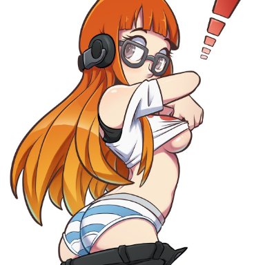 atlus, persona, persona 5, sakura futaba, the other half, !, 1girls, ass, black bra, black eyes, black shorts, blush, bottomwear, bra, breasts