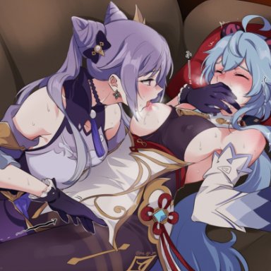 genshin impact, ganyu (genshin impact), keqing (genshin impact), negom, bangs, bare shoulders, blue hair, blush, breasts, cone hair bun, couch, covering another's mouth, fingering, fingering through clothes, gloves