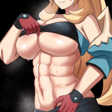 creatures (company), game freak, nintendo, pokemon, cynthia (pokemon), ytrall, 1girls, abs, alluring, big breasts, blonde hair, blue eyes, blush, blushing, blushing at viewer