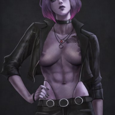 dc, dc comics, teen titans, rachel roth, raven, raven (dc), monorirogue, 1girls, abs, belt, bob cut, breasts, choker, collar, eyelashes