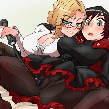 rooster teeth, rwby, glynda goodwitch, ruby rose, khartemis, 2girls, age difference, big breasts, black hair, blonde hair, dress, duo, female, female only, glasses