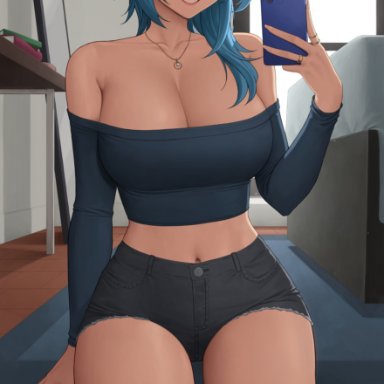 genshin impact, eula (genshin impact), zaphn, 1girls, asymmetrical hair, blue hair, booty shorts, breasts, casual clothes, cleavage, crop top, detached sleeves, female, female only, gold eyes