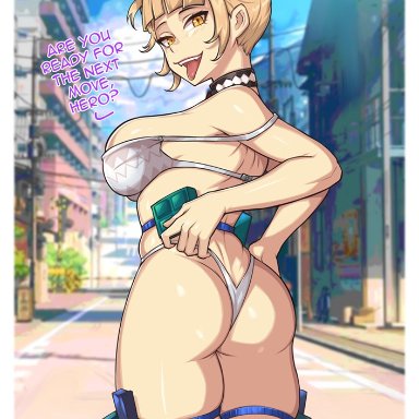 my hero academia, himiko toga, redjet, 1girls, ass, big breasts, blonde hair, bra, breasts, double bun, eye contact, female, female only, fishnet stockings, looking at viewer