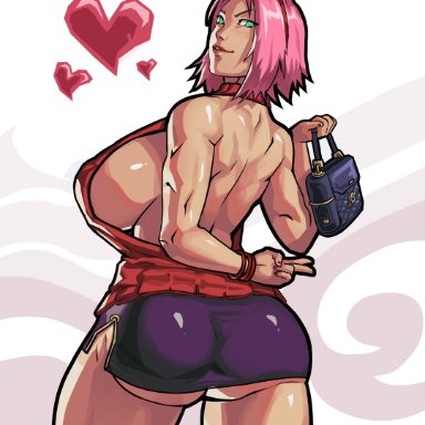 naruto, naruto (series), naruto shippuden, sakura haruno, equinox006, 1girls, adapted costume, arm behind back, ass, back muscles, back view, bag, bare arms, bare ass, bare back