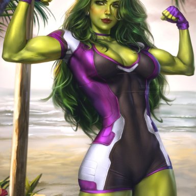 hulk (series), marvel, marvel comics, she-hulk, logan cure, 1girls, abs, biceps, big breasts, female, female only, fit, fit female, flexing, flexing bicep