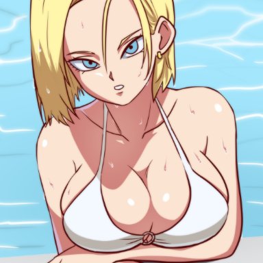 dragon ball, dragon ball super, android 18, etzel, 1girls, big breasts, bikini, blonde hair, blue eyes, breasts, ring, short hair, white bikini, hi res, highres