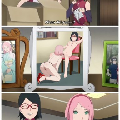 boruto: naruto next generations, naruto, naruto (series), sakura haruno, sarada uchiha, 2girls, age difference, back to viewer, bad parenting, black eyes, black hair, cunnilingus, eyes closed, glasses, green eyes