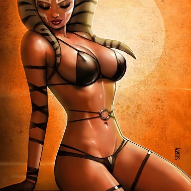 star wars, ahsoka tano, togruta, nathan szerdy, alien, alien girl, alien humanoid, athletic female, big breasts, curvaceous, curvy female, curvy figure, latex bikini top, latex thong, looking down