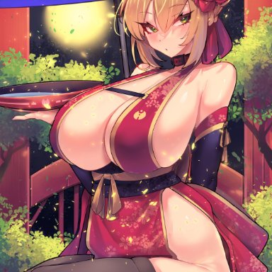 fate/extra, fate/grand order, fate (series), nero claudius (fate), funaya (a2brasd), 1girls, blonde hair, breasts, cleavage, female, female only, green eyes, hips, huge breasts, light-skinned female