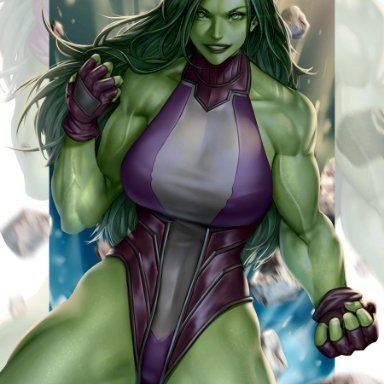 hulk (series), marvel, marvel comics, she-hulk, hibren, 1girls, abs, biceps, big breasts, breasts, cleavage, colored skin, female, female focus, green eyes