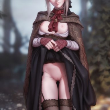 bloodborne, fromsoftware, plain doll, personalami, 1girls, areolae, ass visible through thighs, black legwear, black stockings, breasts, breasts out, clothed, doll, dress, dress lift
