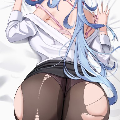 genshin impact, ganyu (genshin impact), judynoboken, 1girls, ahoge, ass, backboob, blue hair, breasts, embarrassed, female, female only, horns, huge ass, huge breasts