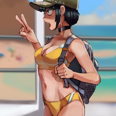 my hero academia, kyoka jiro, ribosoma 42, 1girls, bag, breasts, choker, female, female only, hat, light-skinned female, light skin, medium breasts, minishorts, short hair