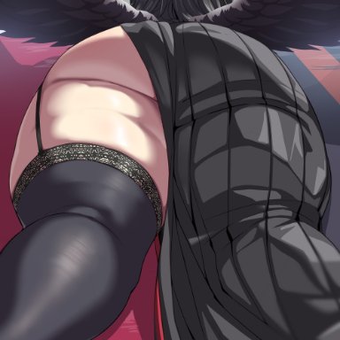 blue archive, hasumi (blue archive), kum02j0, 1girls, ass, black hair, bubble butt, clothes, clothing, female, female only, from behind, from below, garter straps, gigantic ass