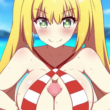 fate/grand order, fate (series), nero claudius (fate), nero claudius (swimsuit caster), yuzutei, &gt;:), 1boy, 1girls, bangs, bare arms, bare shoulders, between breasts, blonde hair, blue sky, blurry
