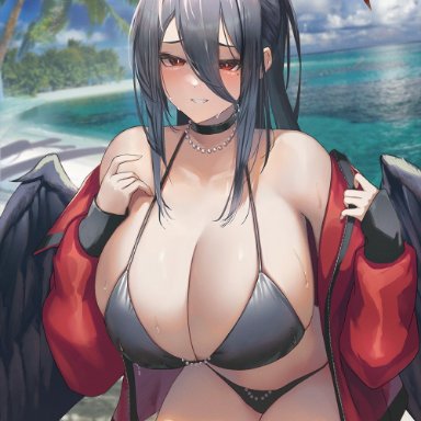 blue archive, hasumi (blue archive), 1girls, bangs, beach, big breasts, bikini, black bikini, black hair, black wings, blush, breasts, choker, cleavage, female