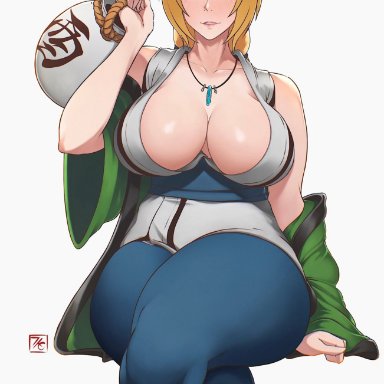 naruto, naruto (classic), naruto (series), naruto shippuden, shounen jump, tsunade, law kim, 1girls, barefoot, big breasts, blonde hair, blue pants, blushing at viewer, bottomwear, breasts