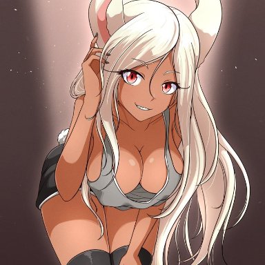 my hero academia, miruko, rumi usagiyama, big breasts, breasts, bunny ears, bunny girl, bunny tail, dark-skinned female, dark skin, gym uniform, happy, long legs, looking at viewer, thick thighs