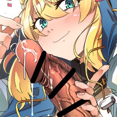 guilty gear, guilty gear strive, bridget, flanvia, 2boys, big penis, blonde hair, blue eyes, blush, erection, eye contact, femboy, fingerless gloves, gloves, handjob