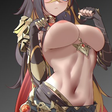 genshin impact, dehya (genshin impact), 1female, animal ears, belly, black hair, blue eyes, blush, breasts, busty, claws, cute, dark-skinned female, dark skin, female