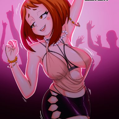 my hero academia, ochako uraraka, belmont, arm up, armpits, black choker, blush, brown eyes, brown hair, happy, jewelry, large breasts, miniskirt, necklace, open mouth