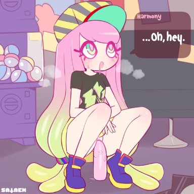 nintendo, splatoon, splatoon 3, harmony (splatoon), sataenart, dildo, green eyes, hat, multicolored hair, pink hair, pseudo hair, sex toy, shirt, shoes, squatting