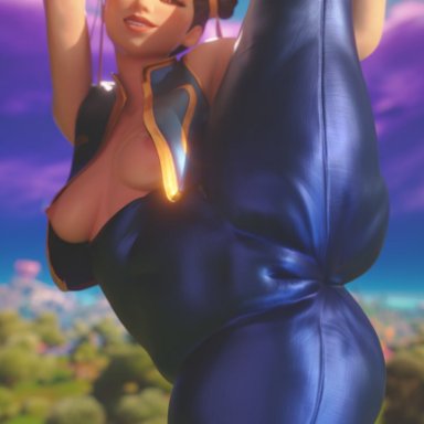 capcom, fortnite, street fighter, chun-li, threedust, 1girls, areola slip, areolae, asian, asian female, ass, big ass, breasts, cameltoe, exposed breasts