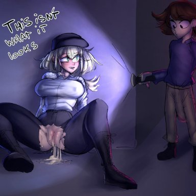 five nights at freddy's, fnaf, gregory (fnaf), vanessa (fnaf), artist request, 1boy, 1girls, breasts, erect nipples, erection, female, hat, male, ripped clothing, ripped pants