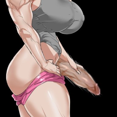 tenchizone, 1futa, black hair, bottomless, breasts, clothed, clothing, futa only, futanari, futanari transformation, half-erect, huge breasts, huge cock, human, implied transformation