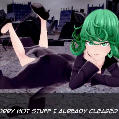 koikatsu, one-punch man, tatsumaki, bakura's place, 1boy, 1girls, ass, big penis, black dress, blush, clothed female nude male, cum, dress, erection, female