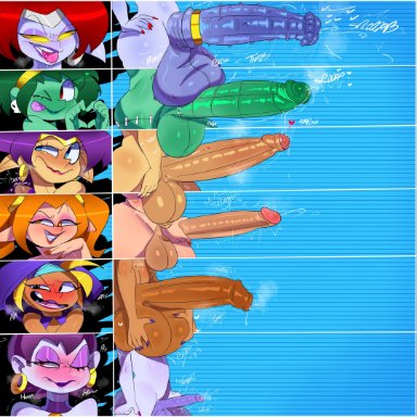 shantae, shantae: half-genie hero, wayforward, holly lingerbean, nega-shantae, risky boots, rottytops, shantae (character), sky (shantae), tayuri, 6futas, ashamed, ball size difference, balls, balls on penis