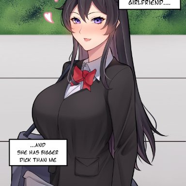 original, band-width, 1futa, bag, big breasts, big penis, black hair, black jacket, blush, bow, bowtie, breasts, bulge, clothed, clothing