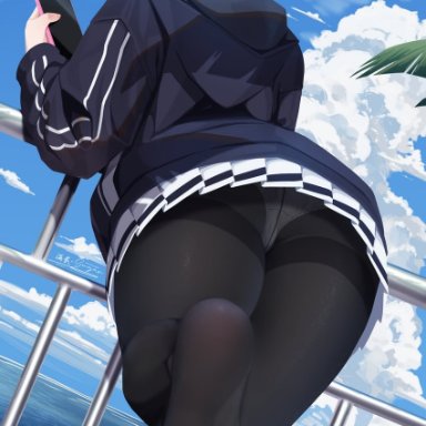 blue archive, kazusa (blue archive), manzai sugar, animal ears, ass, beach, black hair, black pantyhose, blue hoodie, cellphone, closed mouth, colored inner hair, day, extra ears, feet