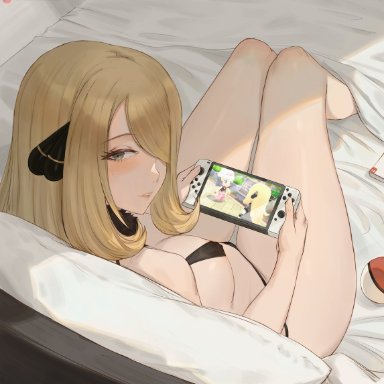 game freak, nintendo, nintendo switch, pokemon, pokemon dppt, cynthia (pokemon), lsls, big breasts, bikini, blonde hair, chibi, chilling, long hair, looking at viewer, looking back