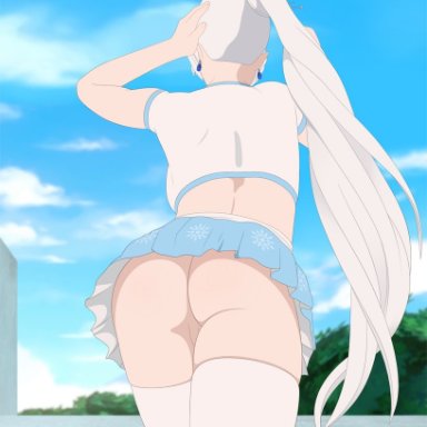 rwby, weiss schnee, necromalock, ass, earrings, ponytail, pussy, solo, upskirt, white hair, tagme