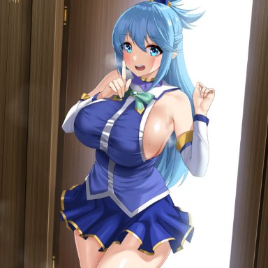 aqua (konosuba), kisaragi tsurugi, armpits, blue eyes, blue hair, blue shirt, blue skirt, breasts, cowboy shot, detached sleeves, female, hair rings, huge breasts, long hair, miniskirt